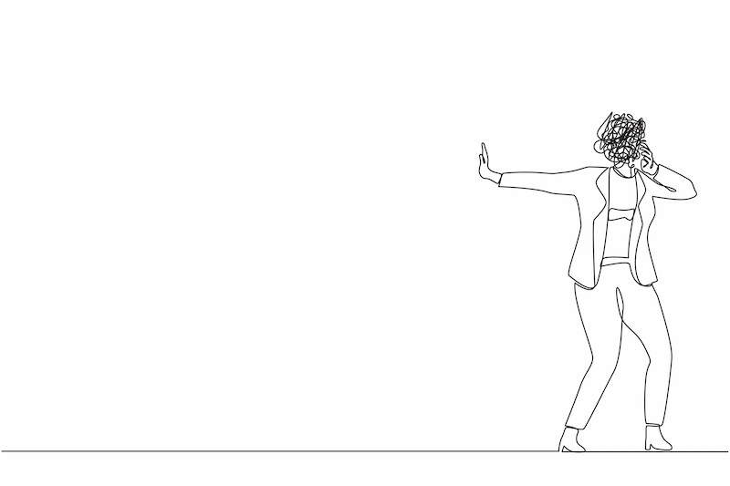 line drawing of businesswoman making a stop gesture, covering eyes with hand. Embarrassed, negative